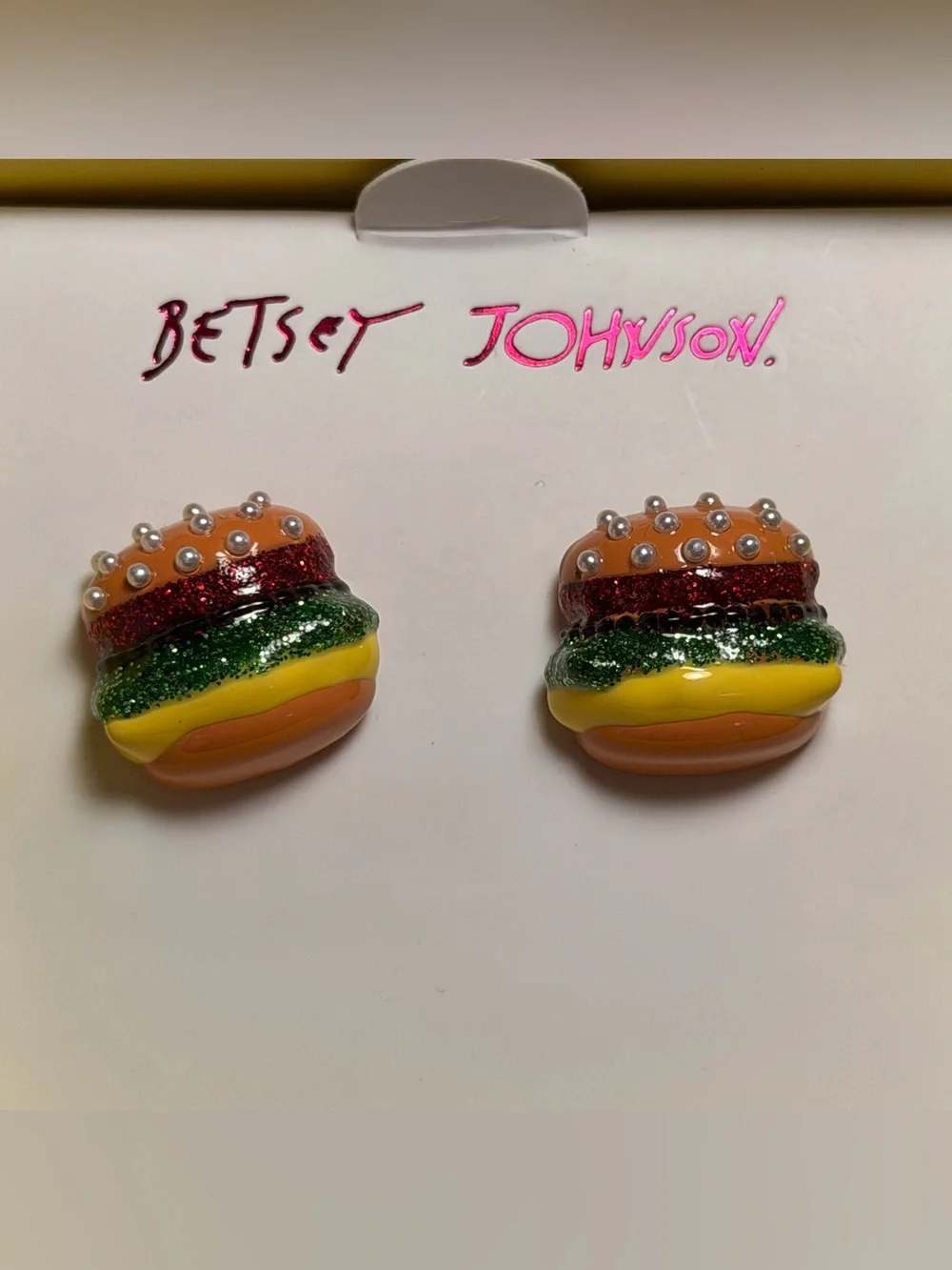 NWT Betsey Johnson Rainbow Burger Stud Earrings with Pearls - Yellow & Green - Picture 2 of 3